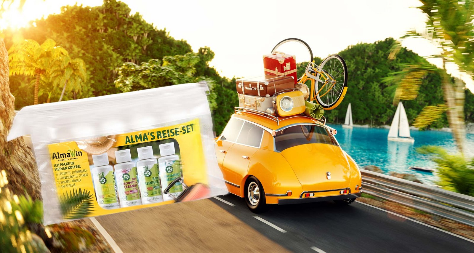 Alma's travel set in front of a fully packed car going on vacation