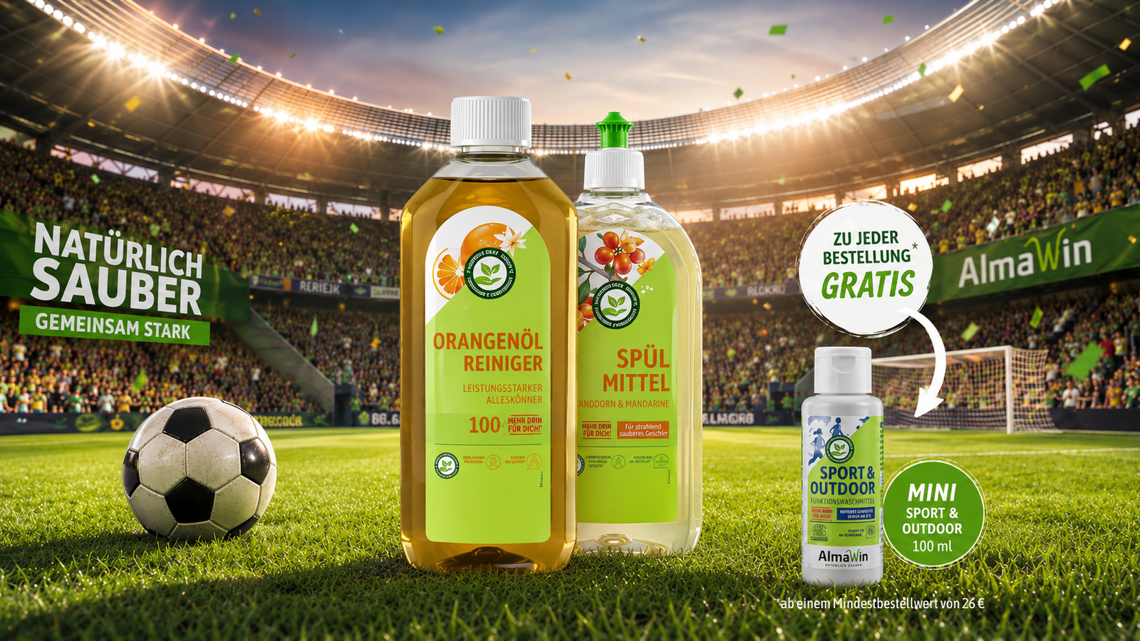Drei AlmaWin Produkte stehen im Stadion, Aktion Gratis Probe AlmaWin Sport & Outdoor